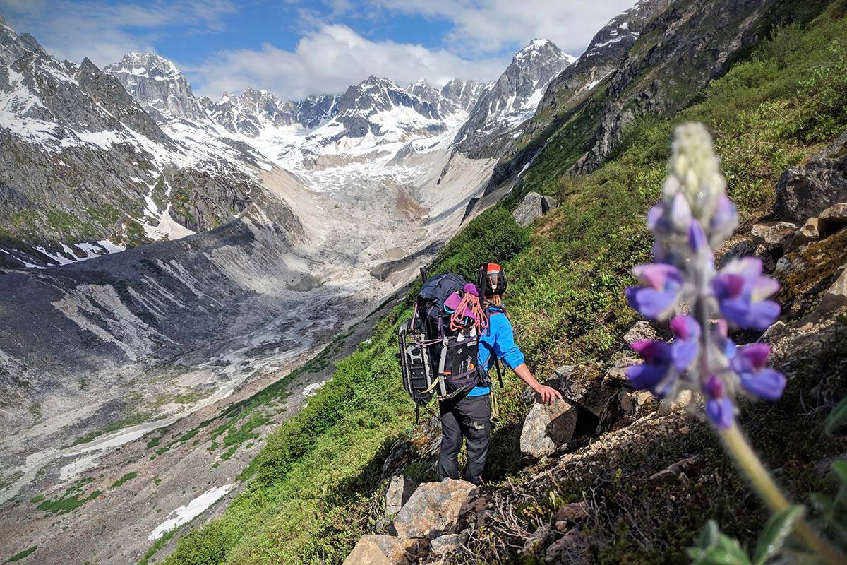 Climbing backpack (Osprey Mutant 52 looking at mountains)